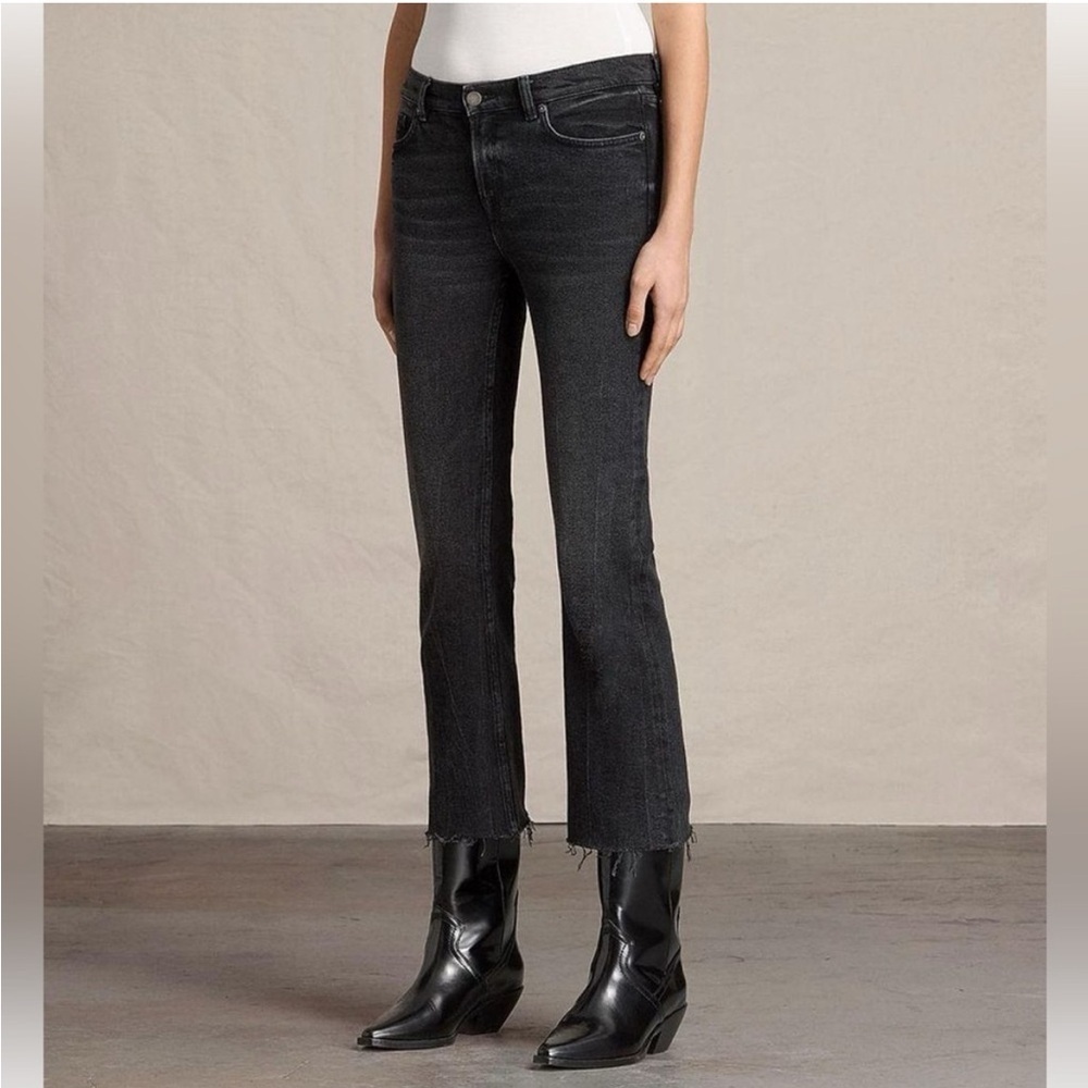 New All Saints Women’s Zoe Jeans Bootcut Flare Cropped Black Denim Raw Hem Sz 30